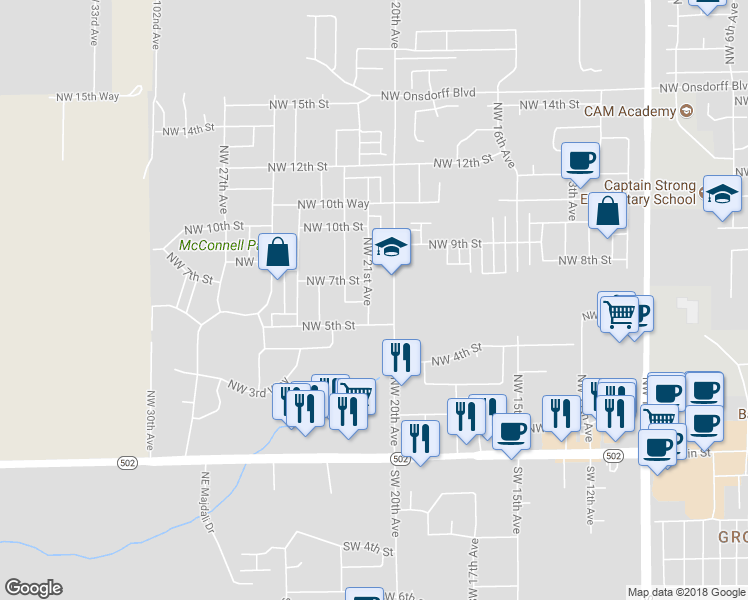 map of restaurants, bars, coffee shops, grocery stores, and more near 601 Northwest 21st Avenue in Battle Ground