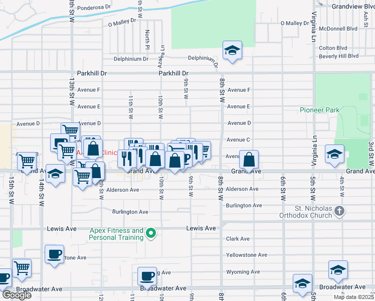 map of restaurants, bars, coffee shops, grocery stores, and more near 1510 9th Street West in Billings