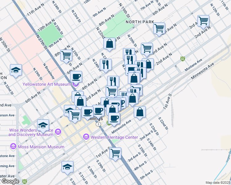 map of restaurants, bars, coffee shops, grocery stores, and more near 2nd Ave N & N 24th St in Billings