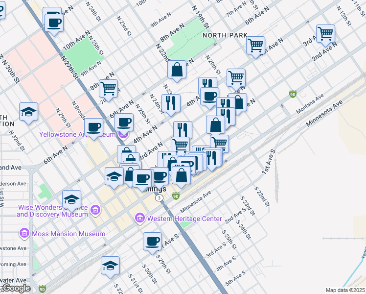 map of restaurants, bars, coffee shops, grocery stores, and more near 224 North 24th Street in Billings