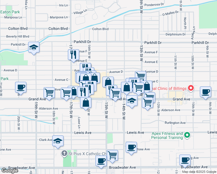 map of restaurants, bars, coffee shops, grocery stores, and more near 1445 Avenue C in Billings