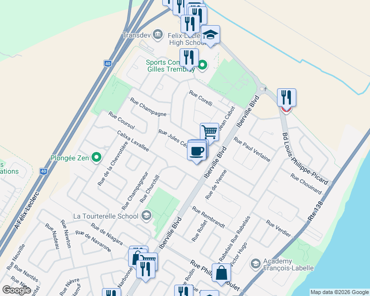 map of restaurants, bars, coffee shops, grocery stores, and more near 159 Rue Jules César in Repentigny