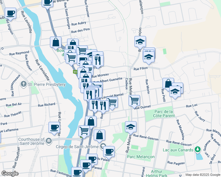 map of restaurants, bars, coffee shops, grocery stores, and more near Rue Fernand Casavant in Saint-Jérôme