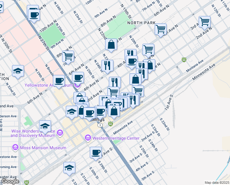 map of restaurants, bars, coffee shops, grocery stores, and more near 224 North 24th Street in Billings