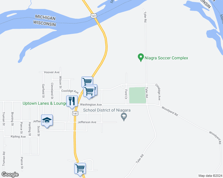 map of restaurants, bars, coffee shops, grocery stores, and more near 677 Coolidge Avenue in Niagara