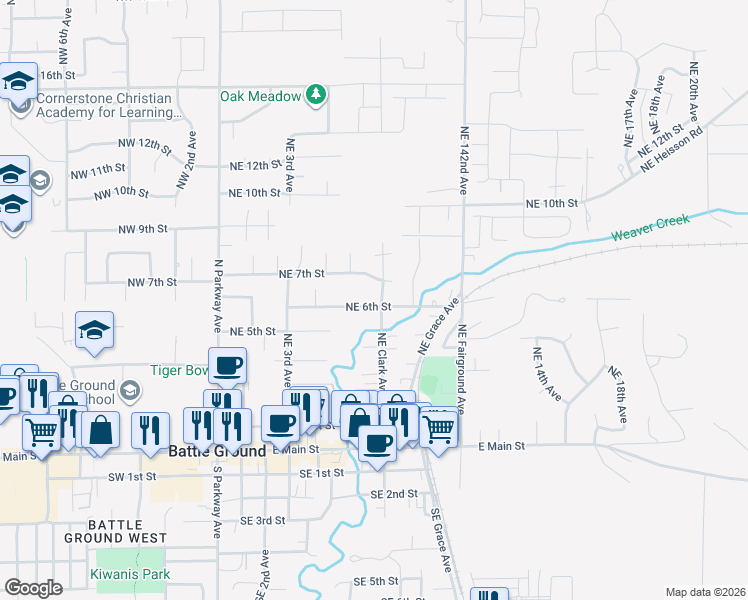 map of restaurants, bars, coffee shops, grocery stores, and more near 616 Northeast Clark Avenue in Battle Ground