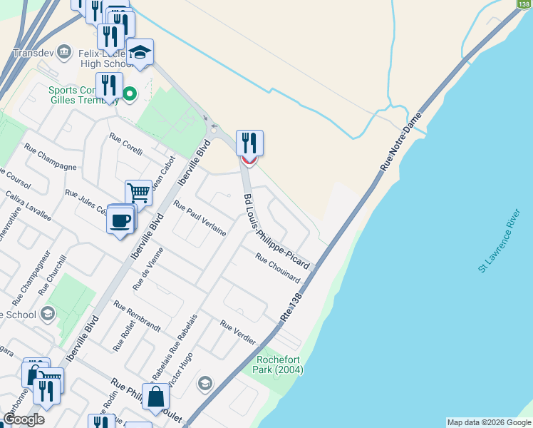 map of restaurants, bars, coffee shops, grocery stores, and more near 76 Rue Paul Valéry in Repentigny