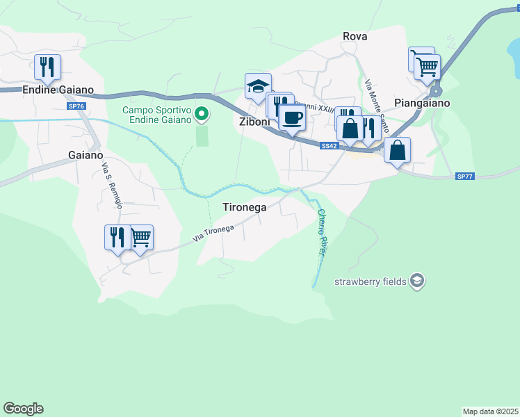 map of restaurants, bars, coffee shops, grocery stores, and more near 25 Via Tironega in Piangaiano