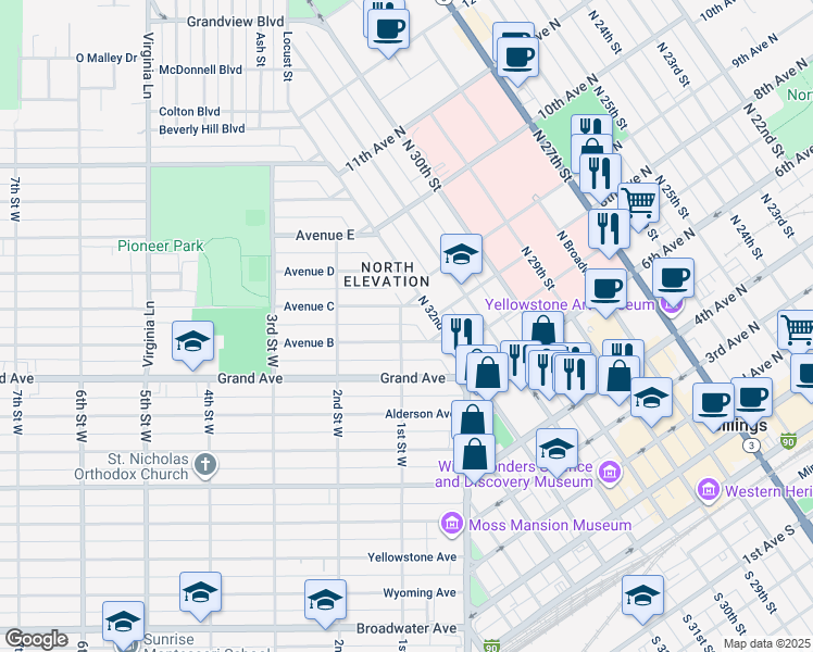 map of restaurants, bars, coffee shops, grocery stores, and more near 42 Avenue C in Billings