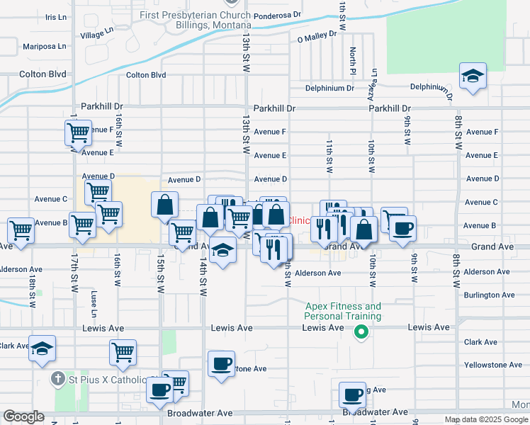 map of restaurants, bars, coffee shops, grocery stores, and more near 1227 Avenue C in Billings