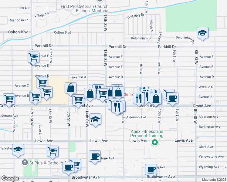 map of restaurants, bars, coffee shops, grocery stores, and more near 1227 Avenue C in Billings