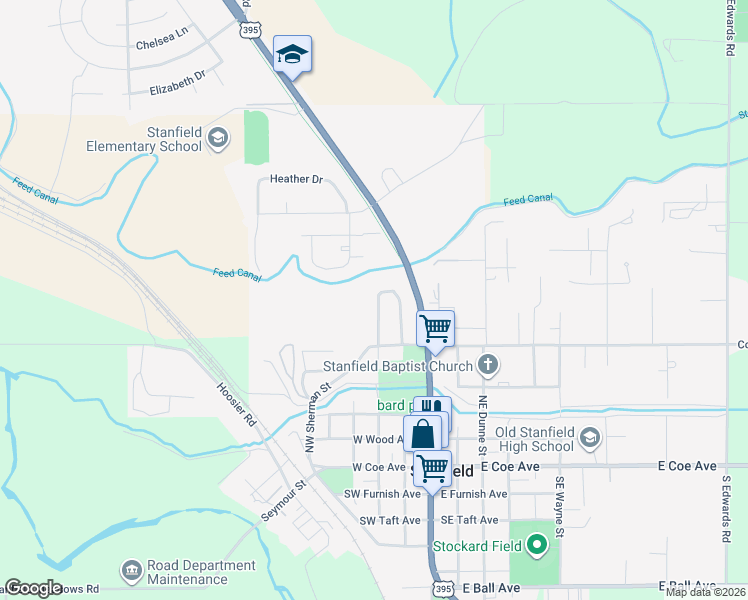 map of restaurants, bars, coffee shops, grocery stores, and more near 165 Northwest Willow Drive in Stanfield