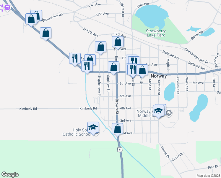 map of restaurants, bars, coffee shops, grocery stores, and more near 6th Ave in Norway