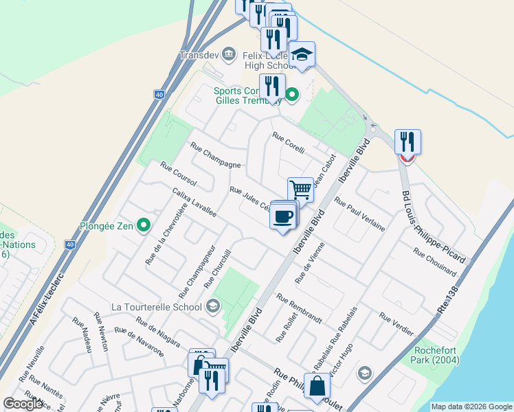 map of restaurants, bars, coffee shops, grocery stores, and more near 171 Rue Jules César in Repentigny