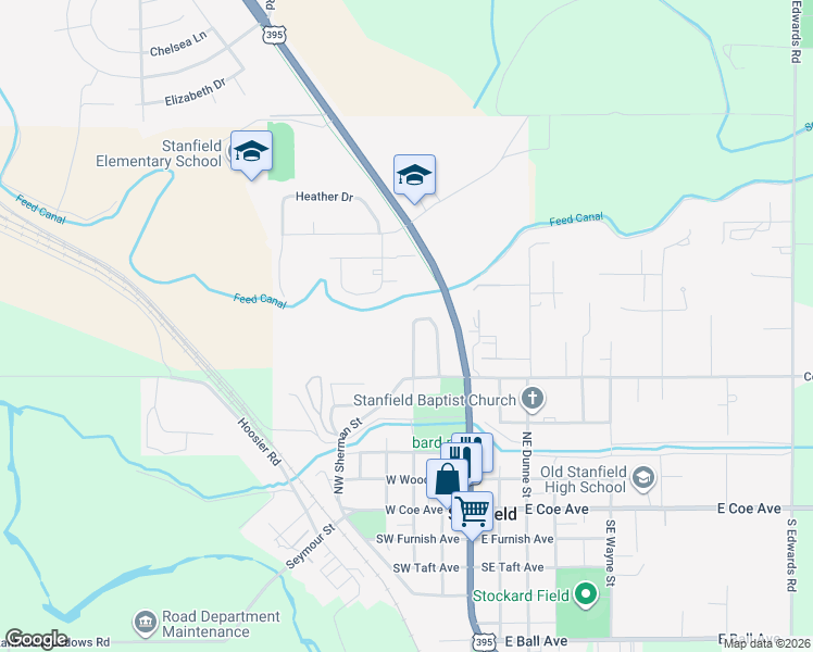 map of restaurants, bars, coffee shops, grocery stores, and more near 165 Northwest Willow Drive in Stanfield