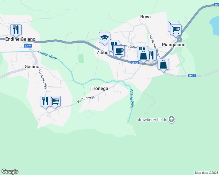 map of restaurants, bars, coffee shops, grocery stores, and more near 25 Via Tironega in Piangaiano