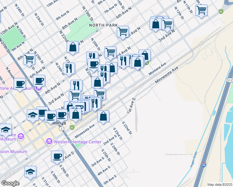 map of restaurants, bars, coffee shops, grocery stores, and more near 2019 Montana Avenue in Billings