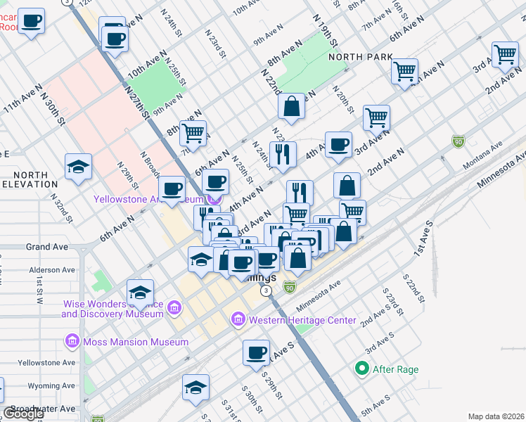 map of restaurants, bars, coffee shops, grocery stores, and more near 315 North 25th Street in Billings