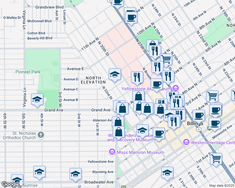 map of restaurants, bars, coffee shops, grocery stores, and more near 711 North 31st Street in Billings