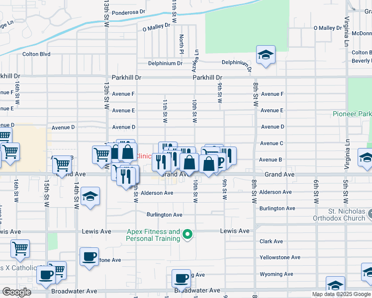 map of restaurants, bars, coffee shops, grocery stores, and more near 1005 Avenue C in Billings