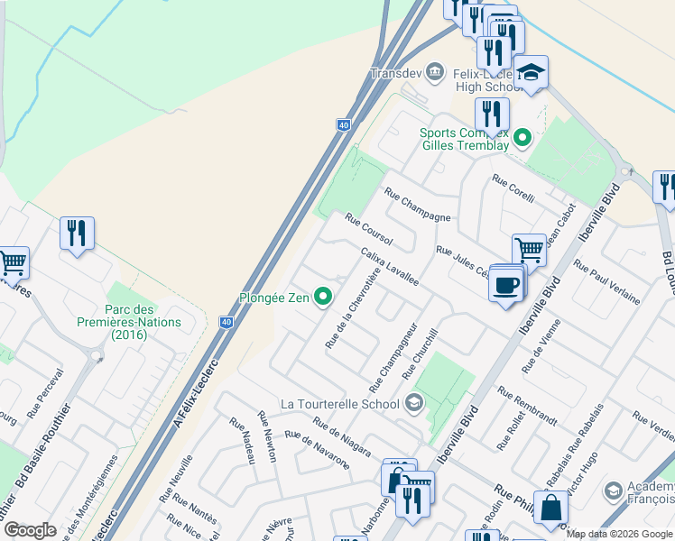 map of restaurants, bars, coffee shops, grocery stores, and more near 309 Rue du Carmel in Repentigny