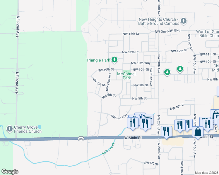 map of restaurants, bars, coffee shops, grocery stores, and more near 619 Northwest 27th Avenue in Battle Ground