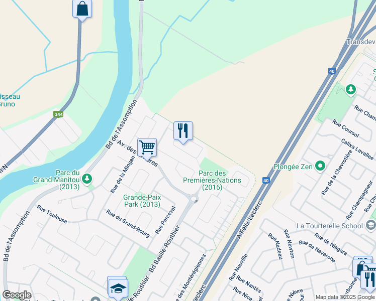 map of restaurants, bars, coffee shops, grocery stores, and more near 477 Rue de la Manicouagan in Repentigny