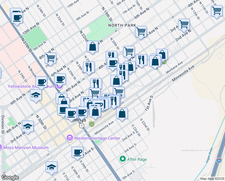 map of restaurants, bars, coffee shops, grocery stores, and more near 116 North 22nd Street in Billings