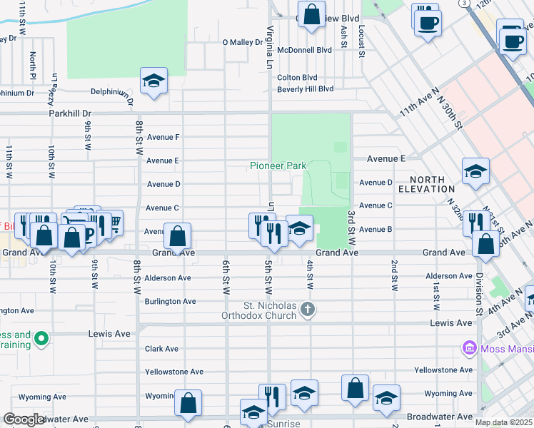 map of restaurants, bars, coffee shops, grocery stores, and more near 1522 Virginia Lane in Billings