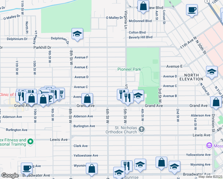 map of restaurants, bars, coffee shops, grocery stores, and more near 529 Avenue C in Billings