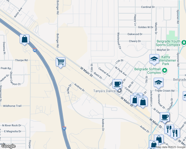 map of restaurants, bars, coffee shops, grocery stores, and more near 1112 Biehl Drive in Belgrade