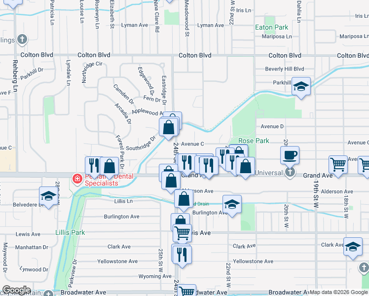 map of restaurants, bars, coffee shops, grocery stores, and more near 2370 Avenue C in Billings