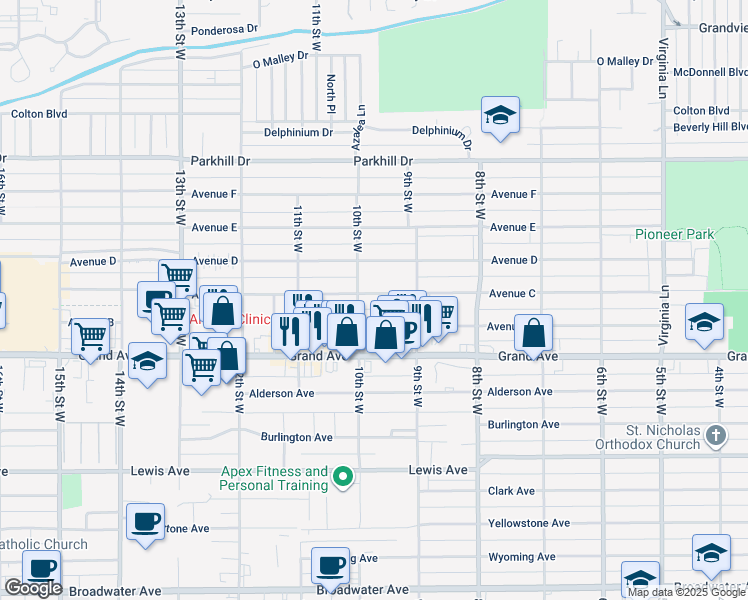 map of restaurants, bars, coffee shops, grocery stores, and more near 929 Avenue C in Billings