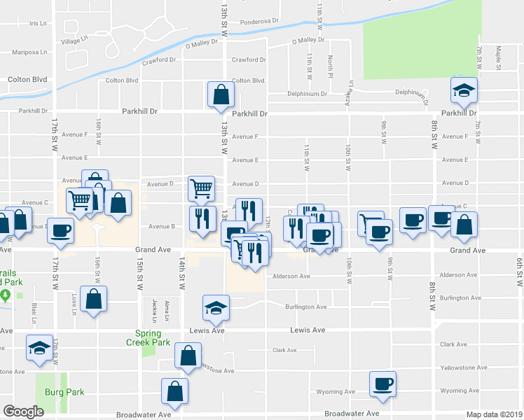 map of restaurants, bars, coffee shops, grocery stores, and more near 1200 Avenue C in Billings