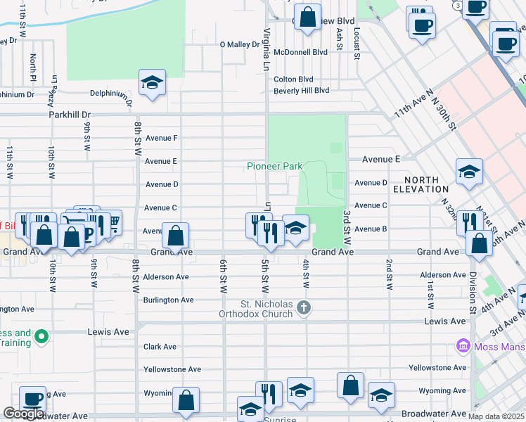 map of restaurants, bars, coffee shops, grocery stores, and more near 1522 Virginia Lane in Billings