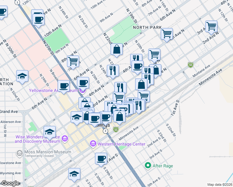 map of restaurants, bars, coffee shops, grocery stores, and more near 224 North 24th Street in Billings