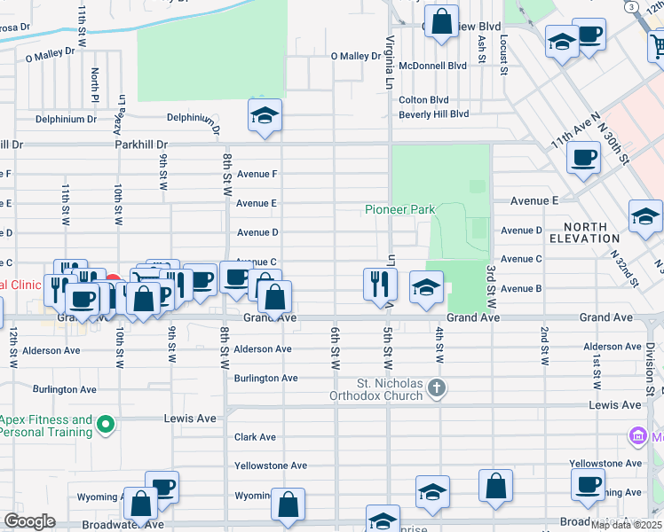 map of restaurants, bars, coffee shops, grocery stores, and more near 605 Avenue C in Billings