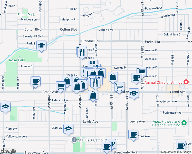 map of restaurants, bars, coffee shops, grocery stores, and more near 1595 Grand Avenue in Billings
