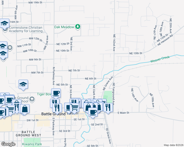map of restaurants, bars, coffee shops, grocery stores, and more near 616 Northeast Clark Avenue in Battle Ground