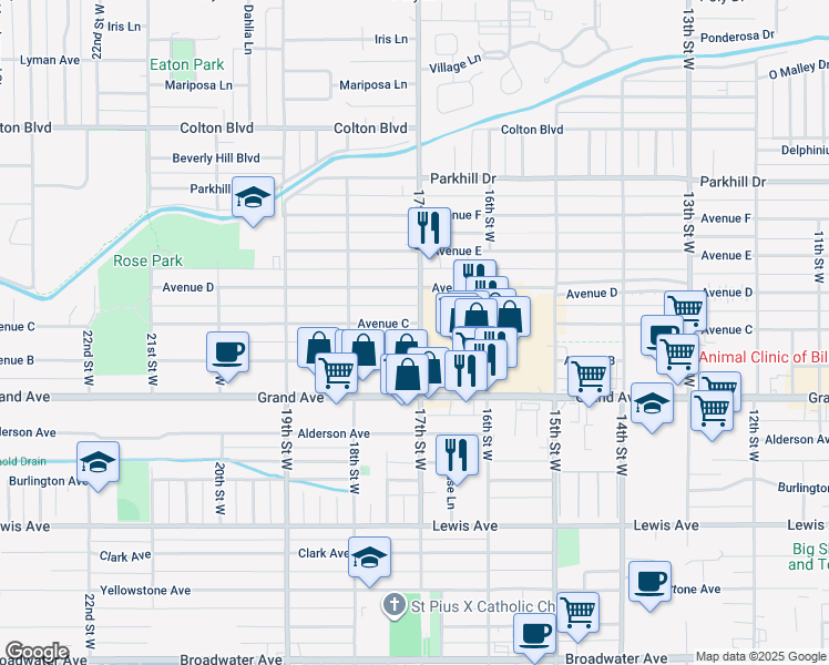 map of restaurants, bars, coffee shops, grocery stores, and more near 1708 Avenue C in Billings