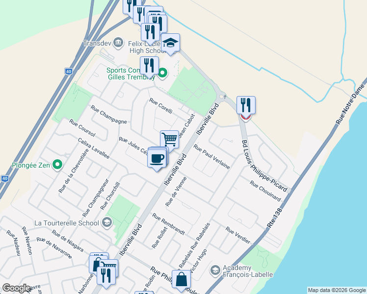 map of restaurants, bars, coffee shops, grocery stores, and more near 1357 Boulevard Iberville in Repentigny
