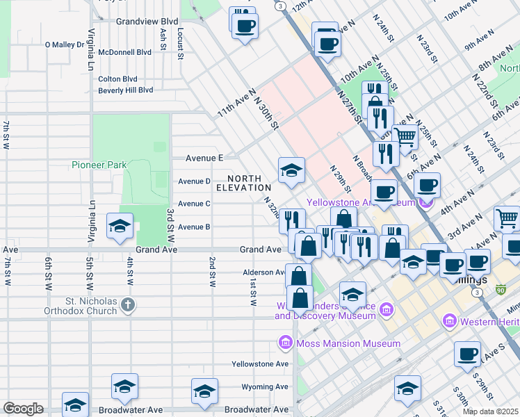 map of restaurants, bars, coffee shops, grocery stores, and more near 42 Avenue C in Billings
