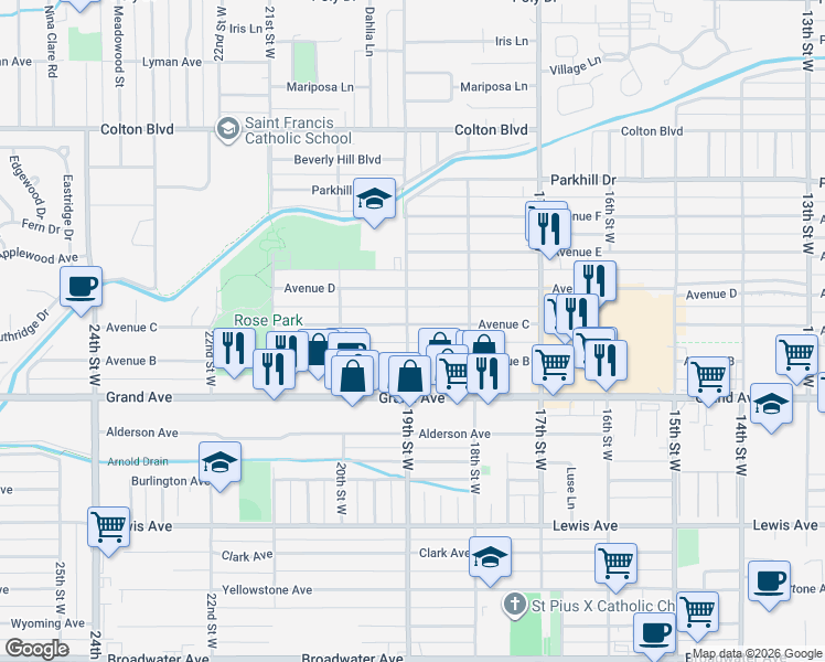 map of restaurants, bars, coffee shops, grocery stores, and more near 1842 Ave C in Billings