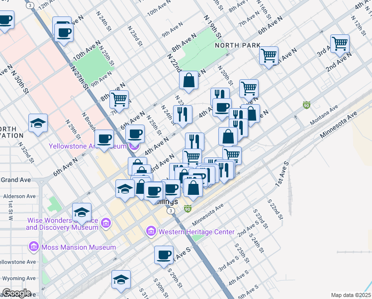 map of restaurants, bars, coffee shops, grocery stores, and more near 224 North 24th Street in Billings