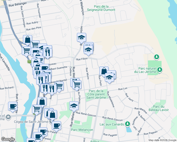 map of restaurants, bars, coffee shops, grocery stores, and more near 629 Rue Morin in Saint-Jérôme