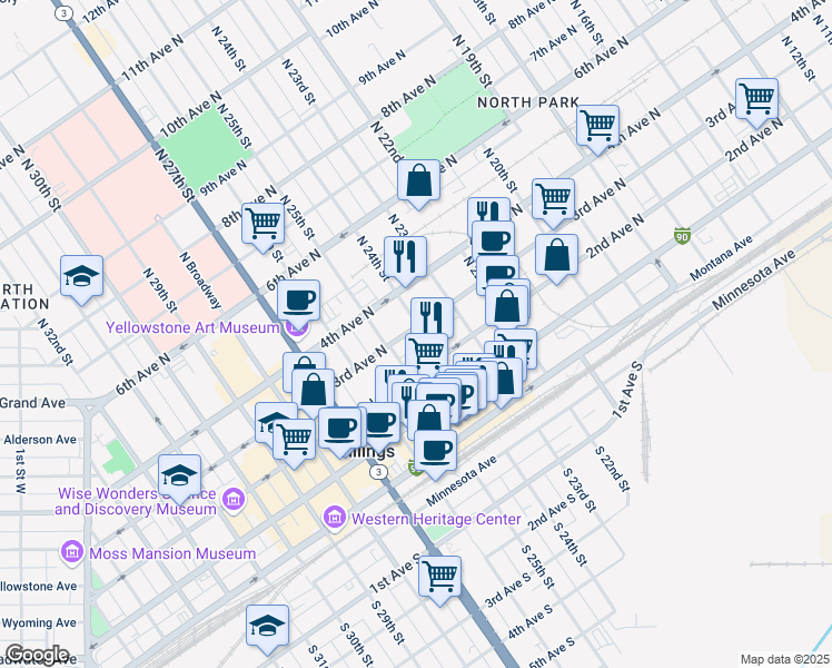 map of restaurants, bars, coffee shops, grocery stores, and more near 224 North 24th Street in Billings