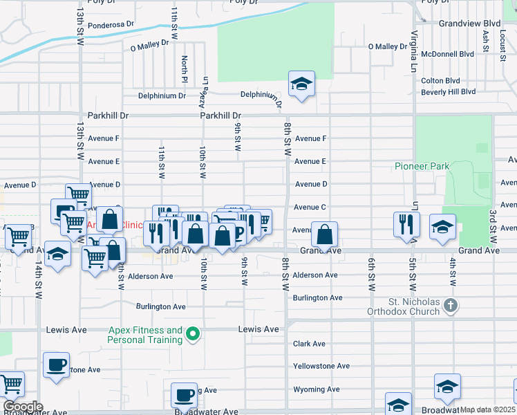 map of restaurants, bars, coffee shops, grocery stores, and more near 821 Avenue C in Billings