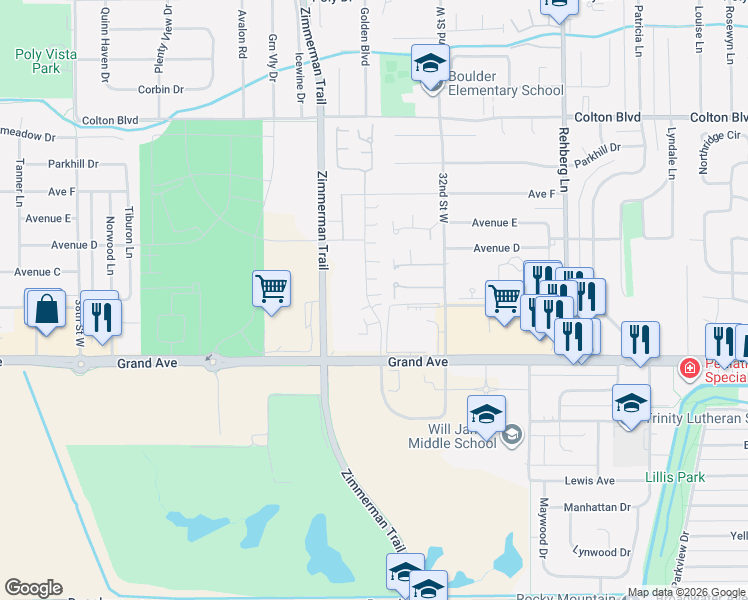 map of restaurants, bars, coffee shops, grocery stores, and more near 1575 Golden Boulevard in Billings