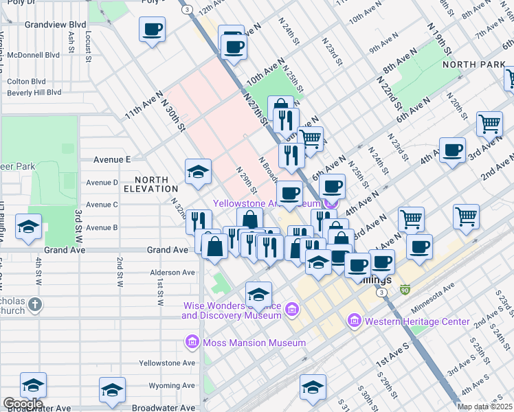map of restaurants, bars, coffee shops, grocery stores, and more near 608 North 29th Street in Billings