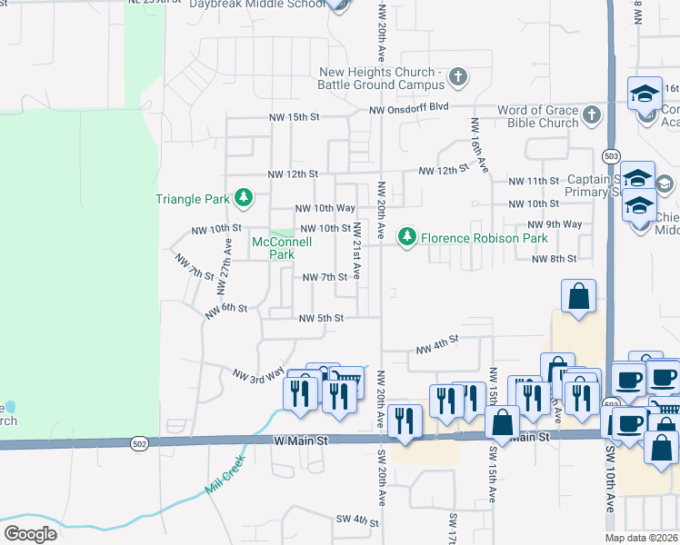 map of restaurants, bars, coffee shops, grocery stores, and more near 2202 Northwest 7th Street in Battle Ground